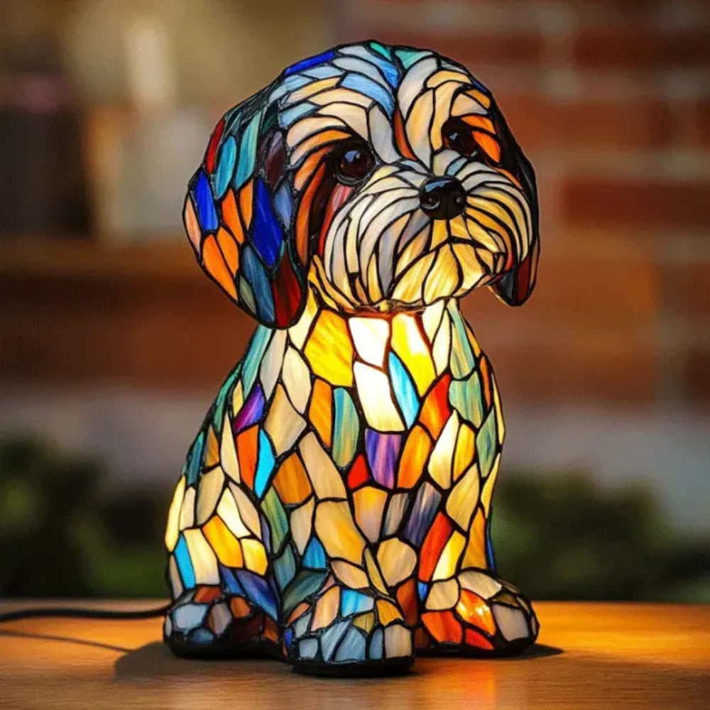 CanineGlow | Artistic Glass Dog Lamp with Colorful Tiffany-Style Lighting Design