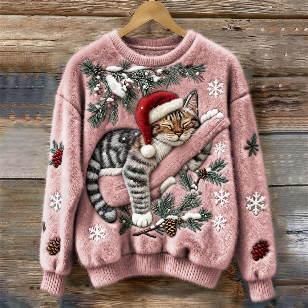 Festive Cat | Cat Christmas Sweater with 3D Appliqué – Cozy Design for Holiday Cheer