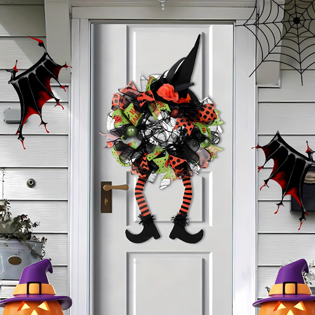 Whimsical Witch Mesh Wreath – Halloween Front Door Decoration for Festive Fun