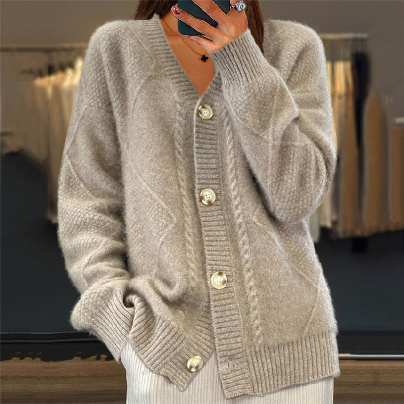 Women's V-Neck Cardigan - Diamond Knit Pattern