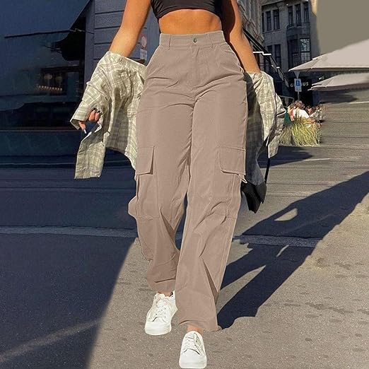 Women's Cotton Cargo Trousers - High-Waist Design