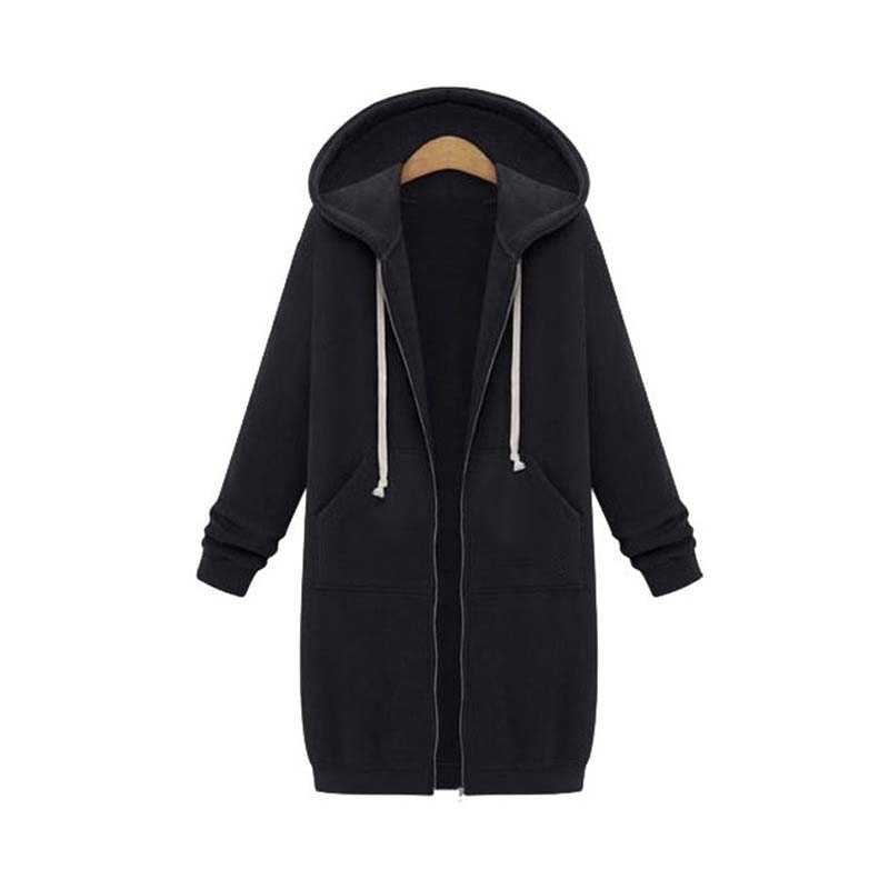 Women's Longline Zip-Up Hoodie Black - Cotton Blend