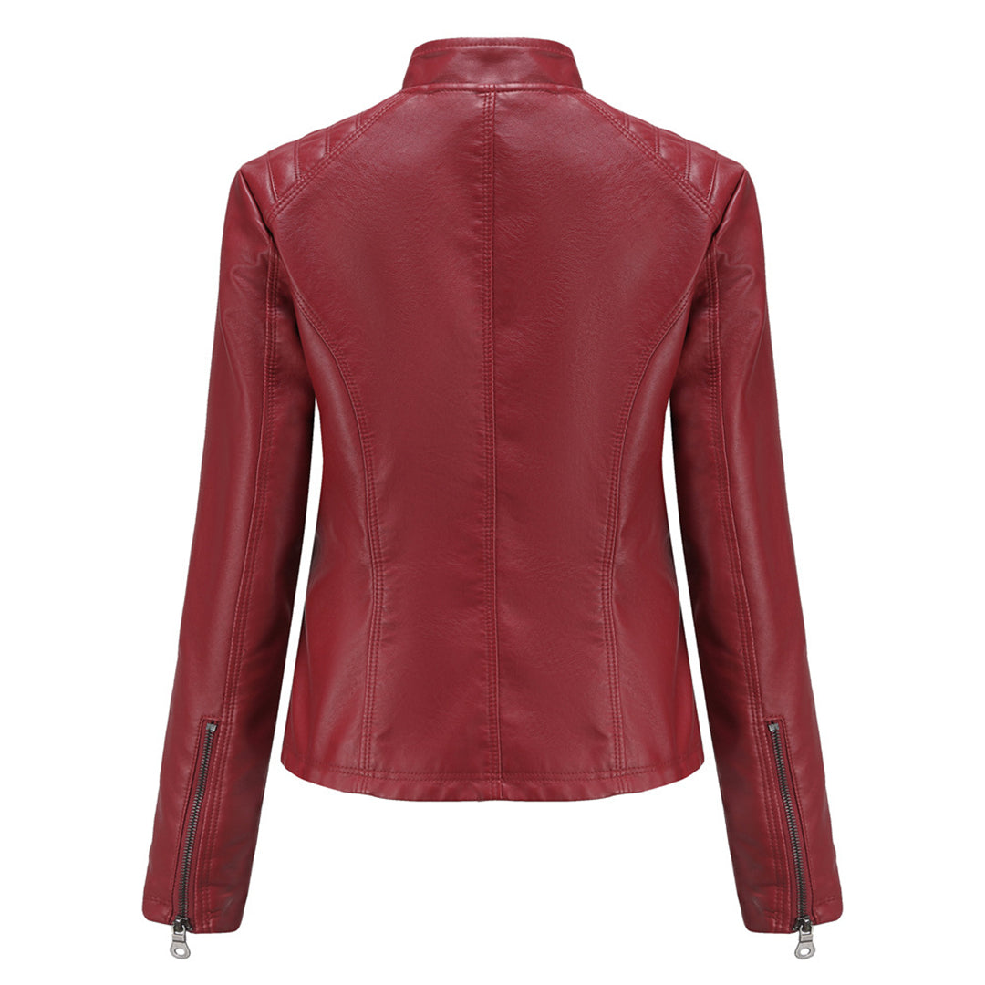 Women's Biker Style Leather Jacket - with Ribbed Details