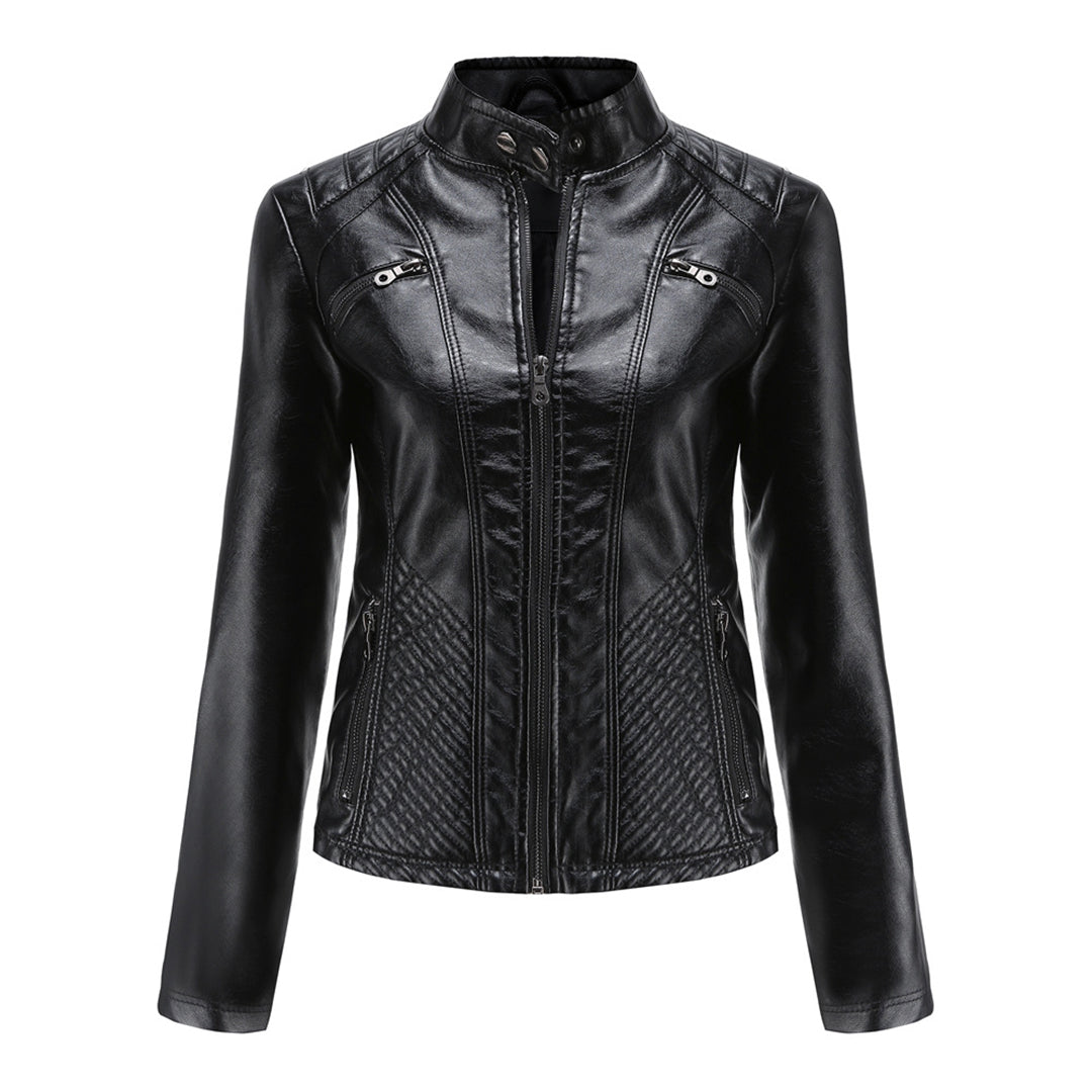 Women's Biker Style Leather Jacket - with Ribbed Details