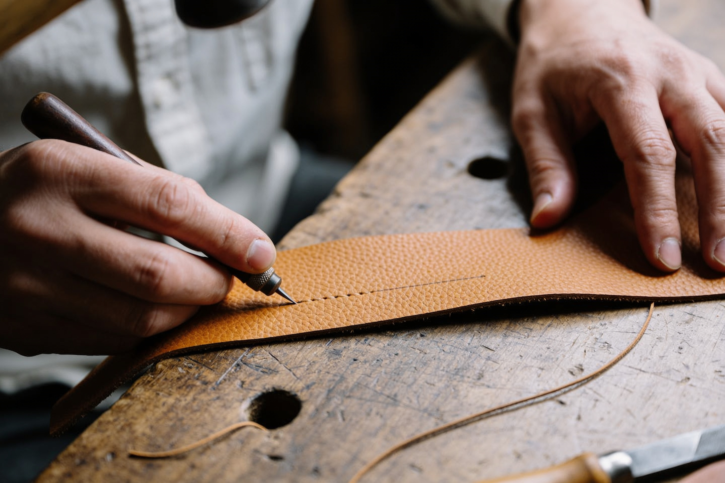 Artisan working full-grain leather