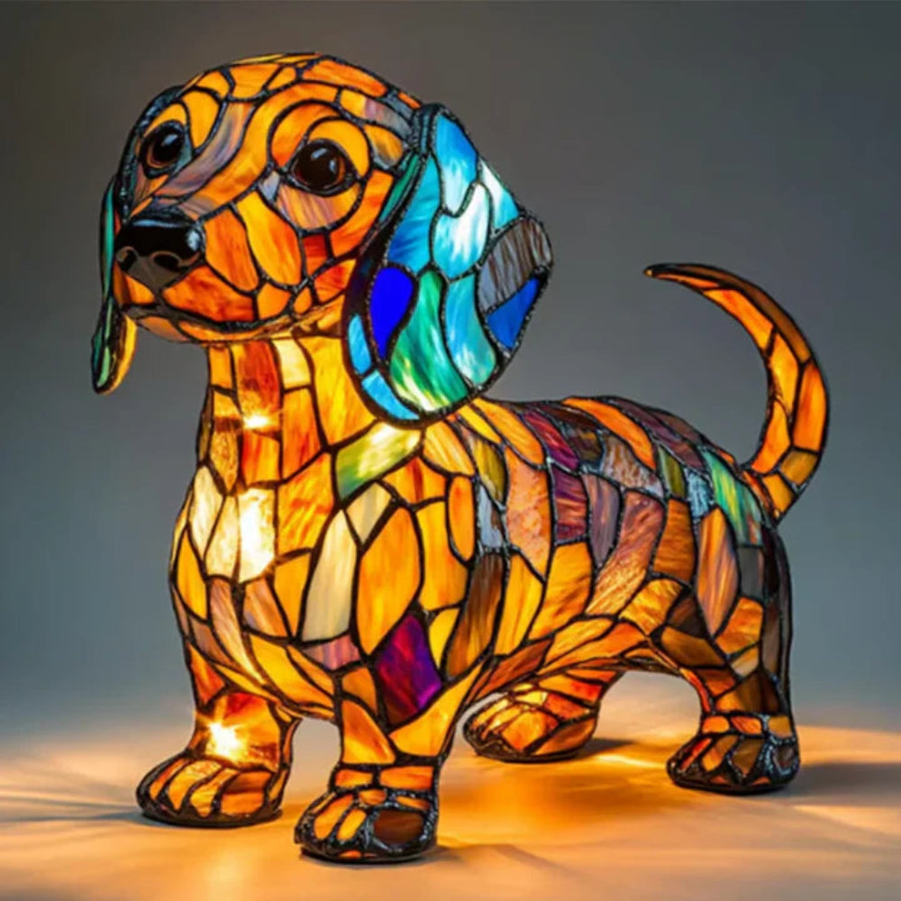 CanineGlow | Artistic Glass Dog Lamp with Colorful Tiffany-Style Lighting Design