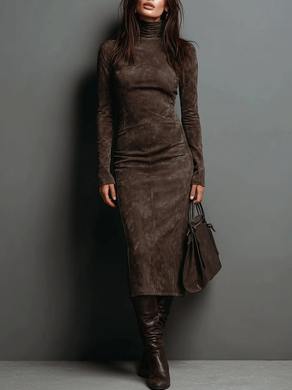 Elegant Suede Midi Dress with Long Sleeves & High Neck – Chic Autumn-Winter Style for Effortless Sophistication