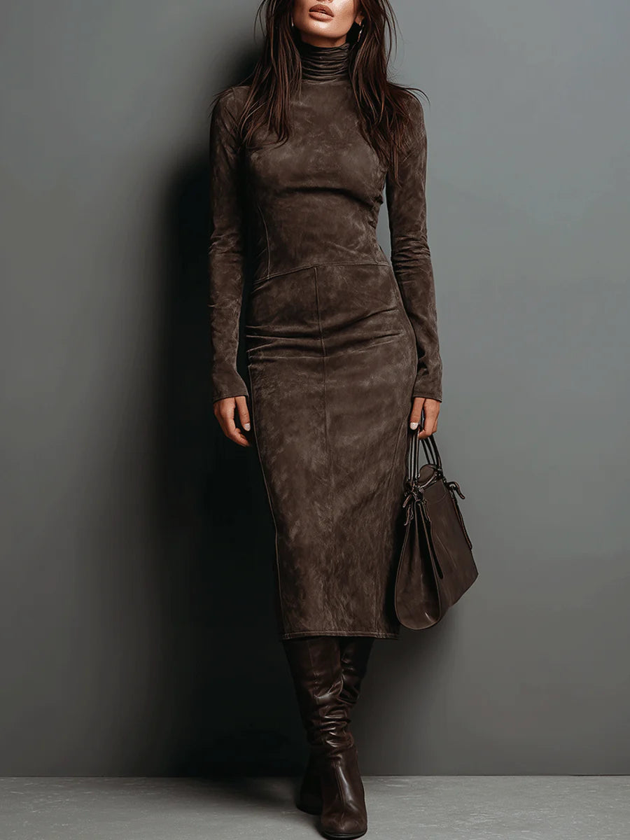 Elegant Suede Midi Dress with Long Sleeves & High Neck – Chic Autumn-Winter Style for Effortless Sophistication