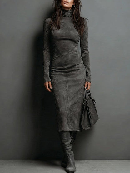 Elegant Suede Midi Dress with Long Sleeves & High Neck – Chic Autumn-Winter Style for Effortless Sophistication