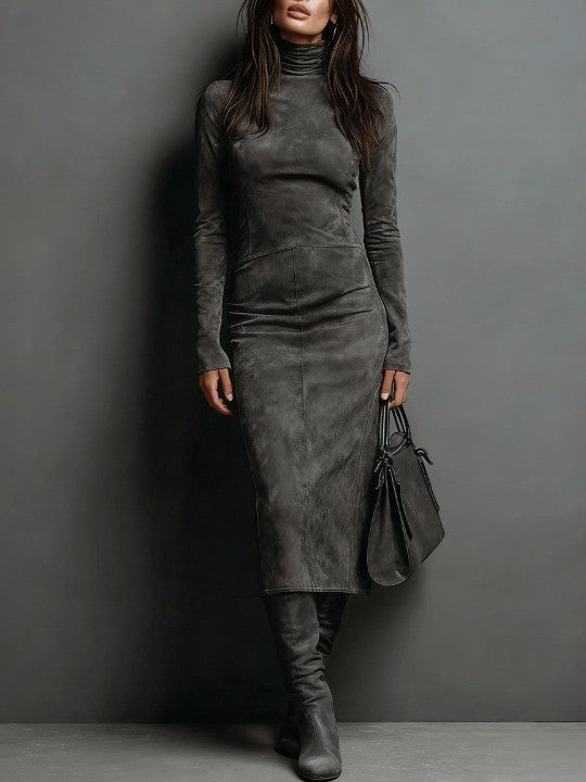 Elegant Suede Midi Dress with Long Sleeves & High Neck – Chic Autumn-Winter Style for Effortless Sophistication