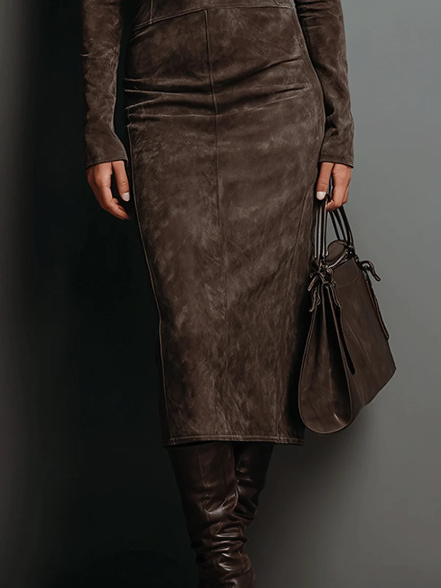 Elegant Suede Midi Dress with Long Sleeves & High Neck – Chic Autumn-Winter Style for Effortless Sophistication