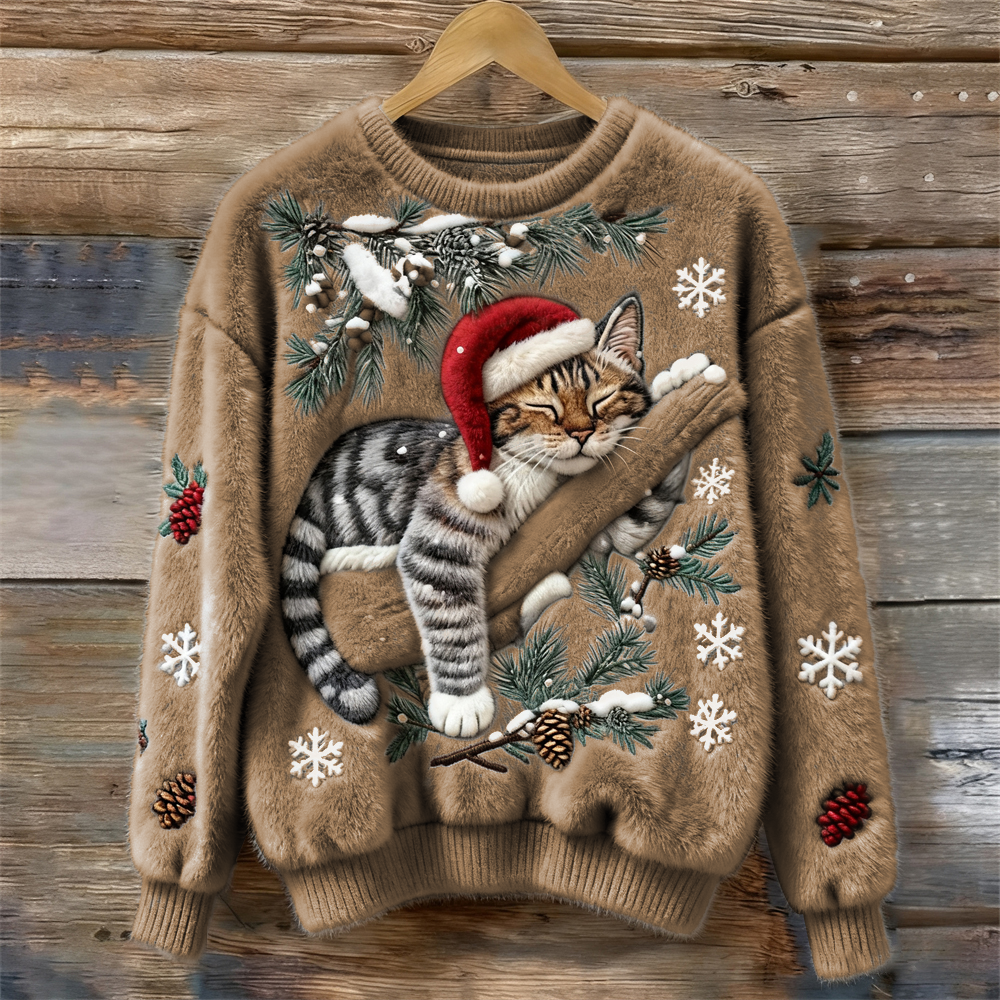 Festive Cat | Cat Christmas Sweater with 3D Appliqué – Cozy Design for Holiday Cheer