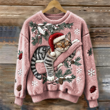 Festive Cat | Cat Christmas Sweater with 3D Appliqué – Cozy Design for Holiday Cheer