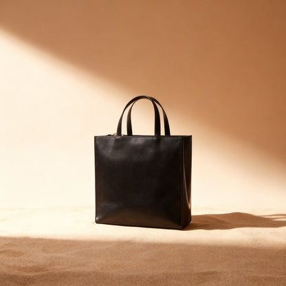 The Structured Tote in black leather, front view