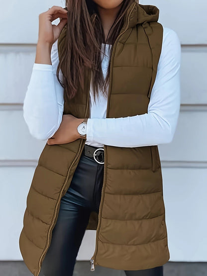 Oversized Women’s Quilted Padded Vest – Long Hooded Bodywarmer for Layered Winter Outfits