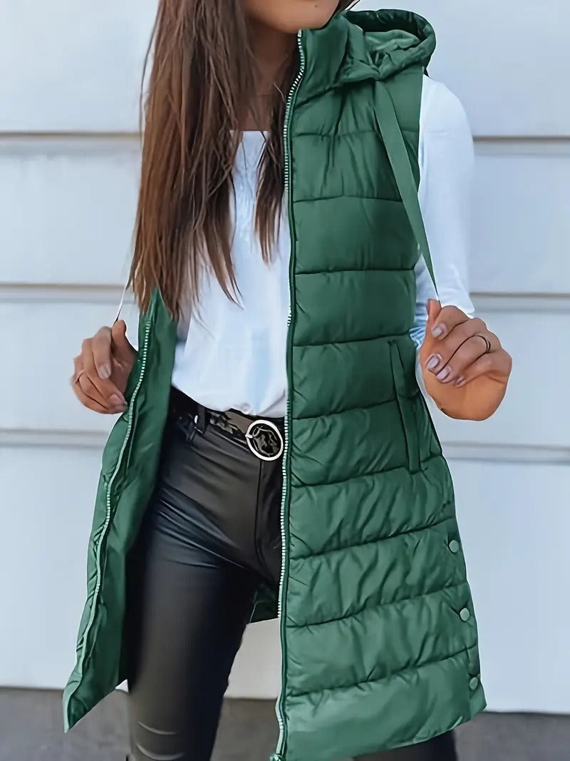 Oversized Women’s Quilted Padded Vest – Long Hooded Bodywarmer for Layered Winter Outfits