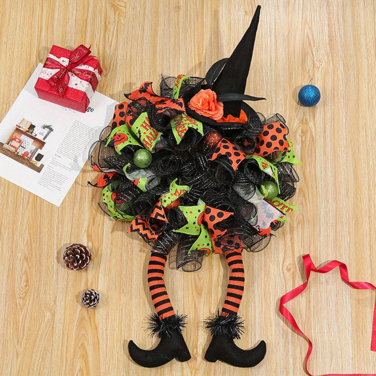 Whimsical Witch Mesh Wreath – Halloween Front Door Decoration for Festive Fun