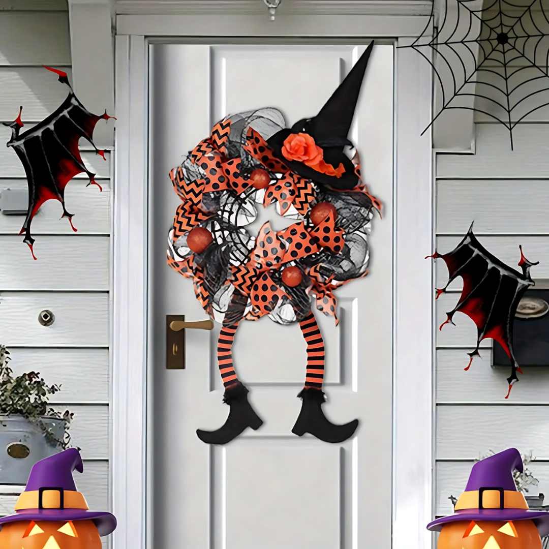 Whimsical Witch Mesh Wreath – Halloween Front Door Decoration for Festive Fun