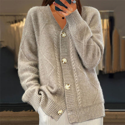 Women's V-Neck Cardigan - Diamond Knit Pattern
