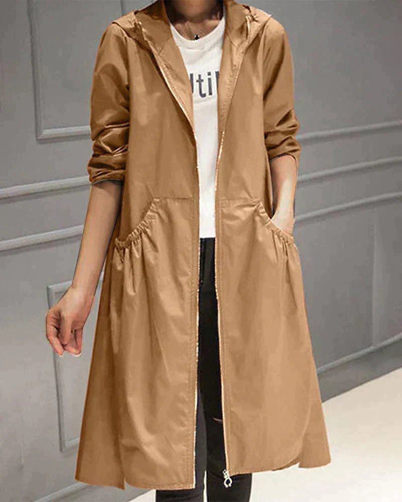 Women’s Knee-Length Waterproof Coat – Casual Hooded Jacket with Zip Front