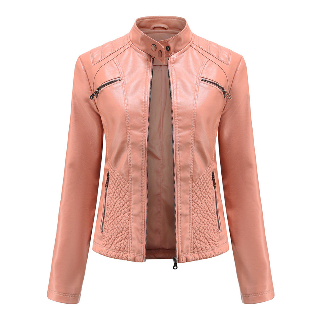 Women's  Biker Style Leather Jacket - with Ribbed Details