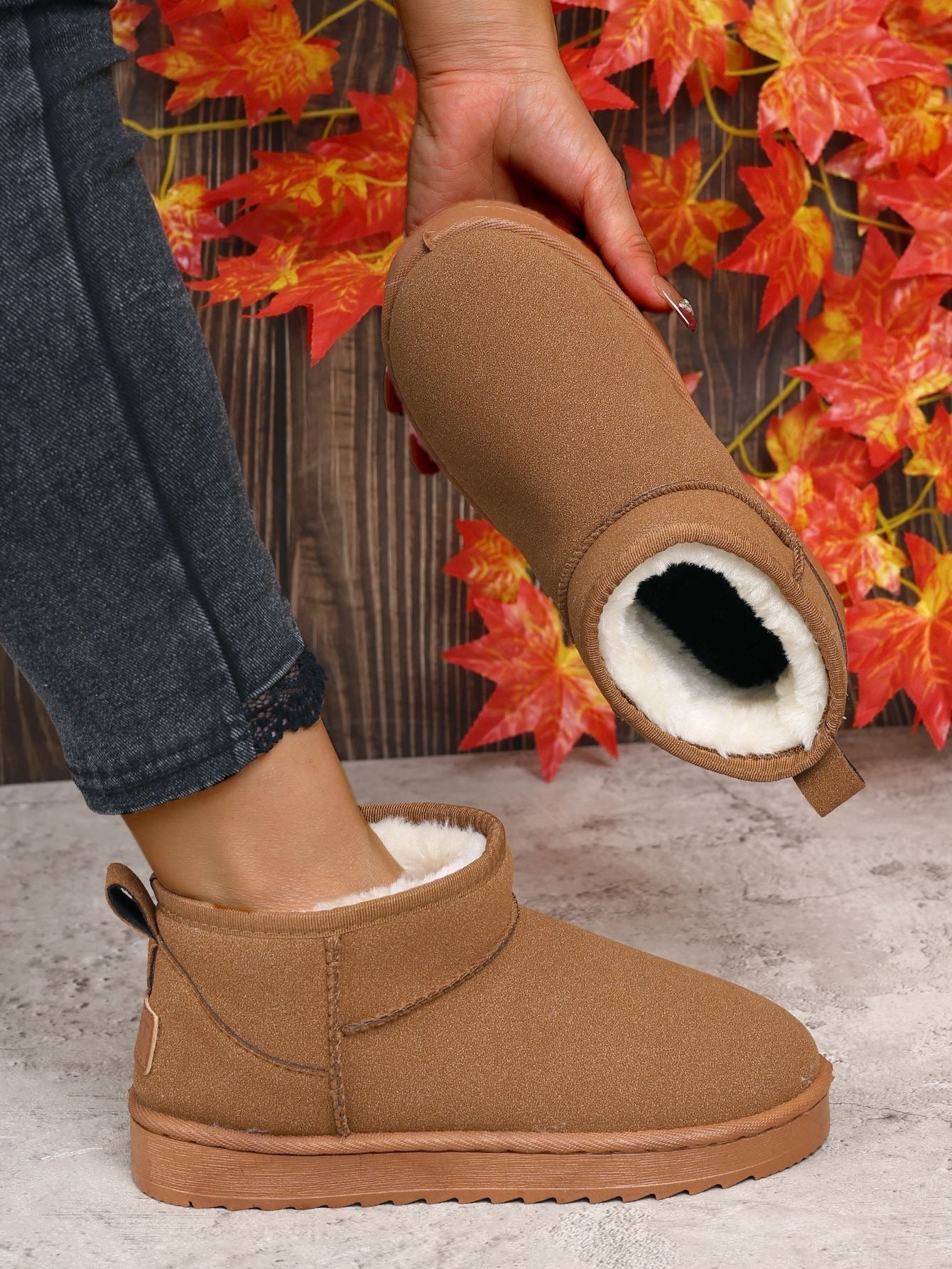 Women's Ultra Mini Platform Boots with Fur Lining – Black Ankle Booties for Winter Comfort