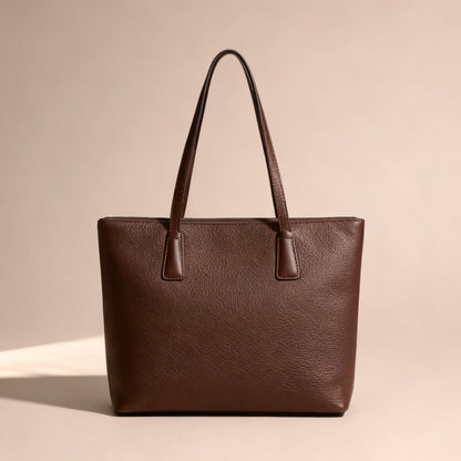 The Zip-Top Tote in chocolate leather, front view